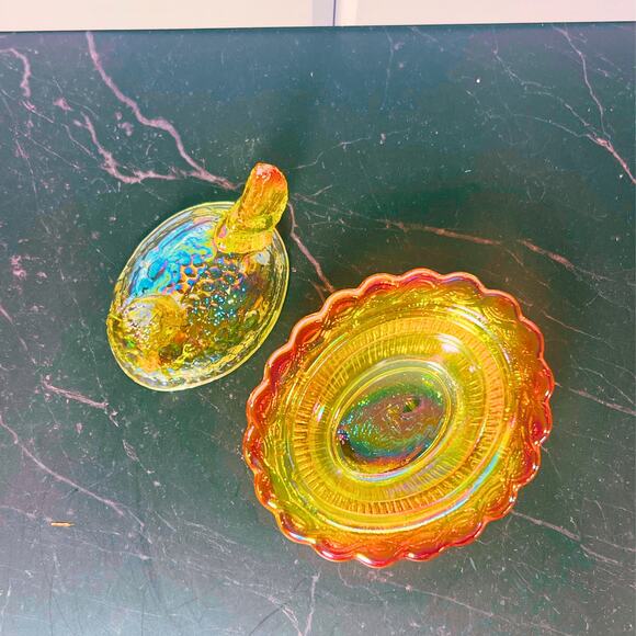 Mini Marigold Carnival Glass Hen on Nest | Iridescent Covered Chicken Dish - Picture 4 of 8